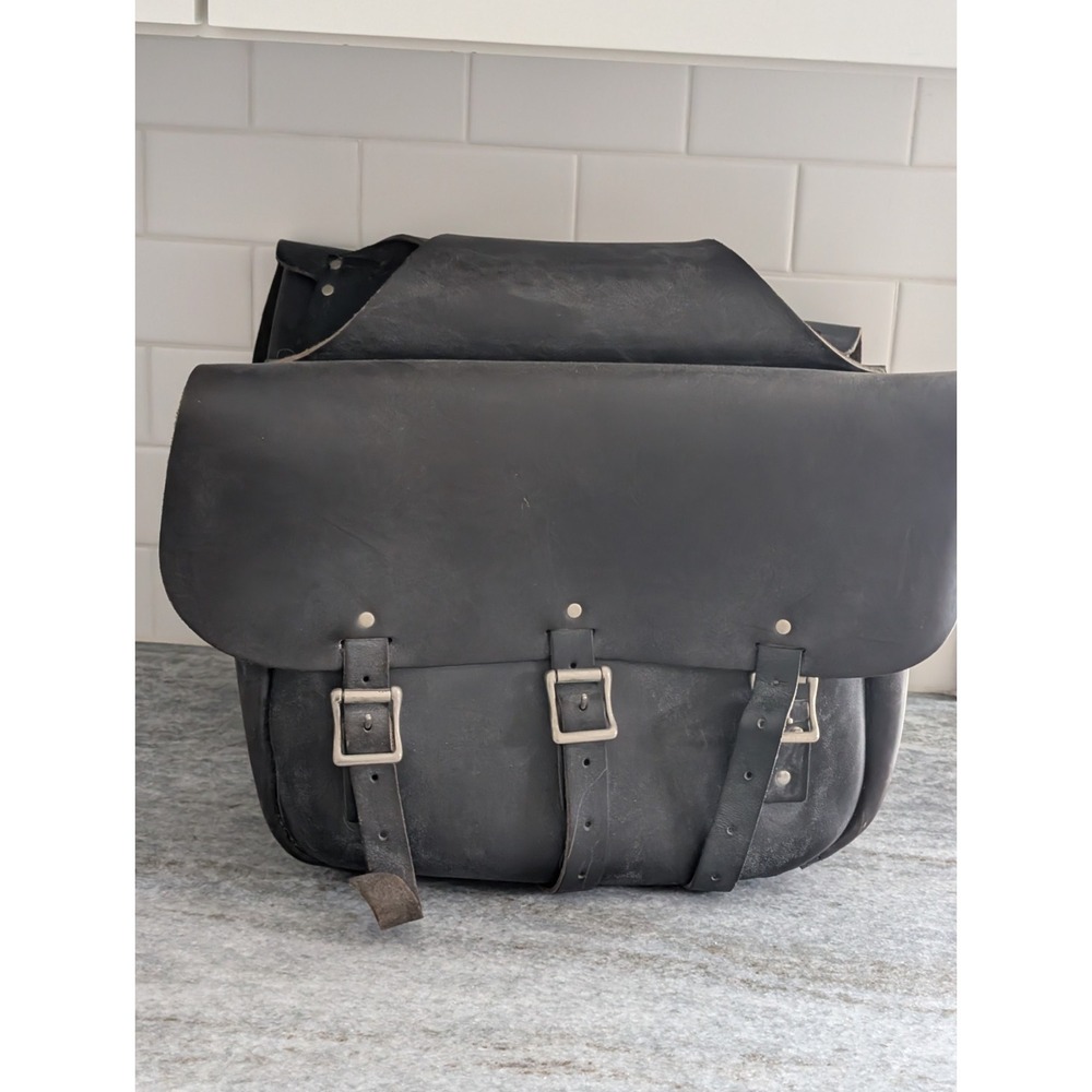 Vintage Leather Throw Over Motorcycle Saddlebags Black 3 Buckle Pair